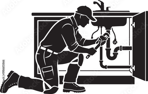 vector of a plumber using a large wrench to tighten a pipe under a sink