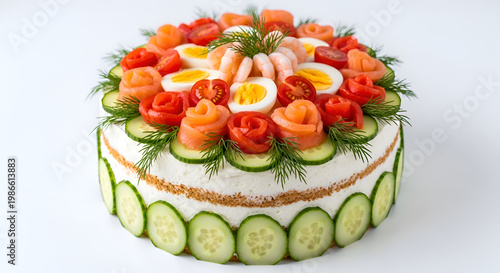 Decorated savory cake with vegetables.