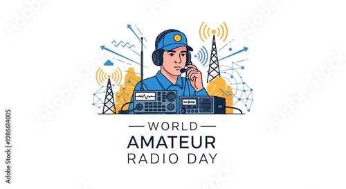 A linear illustration commemorates world amateur radio day, showing a ham radio operator in a blue uniform using a microphone and radio equipment against a clean white background