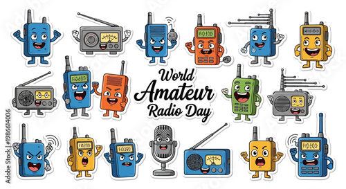 A vibrant vector illustration commemorates World Amateur Radio Day, showcasing a collection of cartoon radio devices with expressive faces and antennas against a clean white background