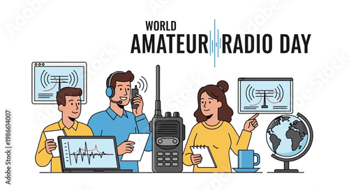 Vector illustration featuring radio transmission concept for World Amateur Radio Day, showcasing a ham radio operator with headphones, antenna signal transmission, and wireless