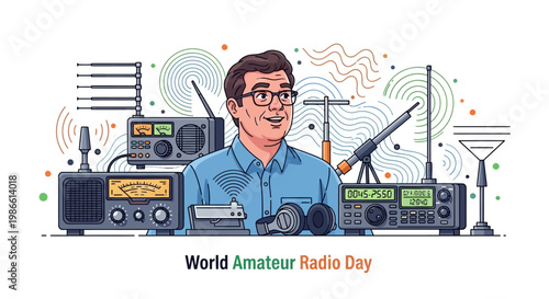 Detailed vector illustration celebrating World Amateur Radio Day, featuring a cheerful ham radio operator surrounded by various radio communication devices and antenna signal transmission