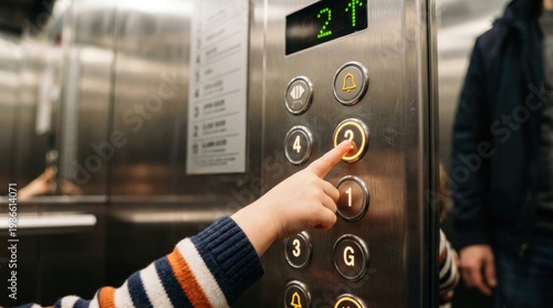 A person presses the elevator button number 2. The elevator panel displays the floor number 2T.