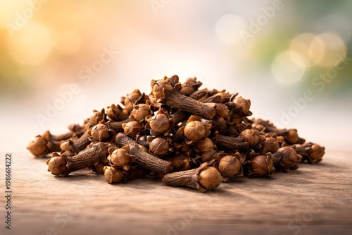 Premium dried clove spice pile isolated on soft neutral background, natural texture, warm light, minimal composition