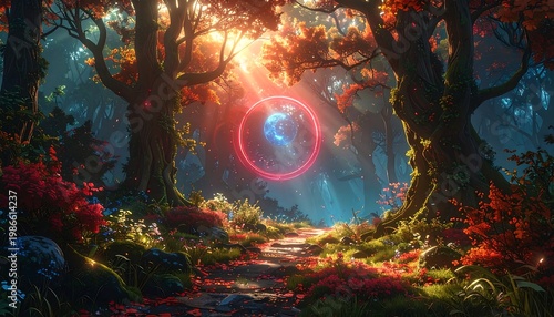 A serene forest path leads to a glowing portal