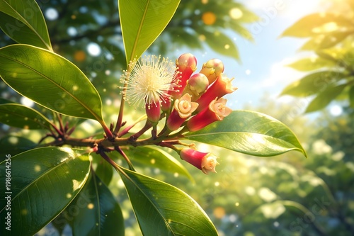 Clove tree branch with fresh buds and leaves, sunlight bokeh, tropical spice plant, natural environment
