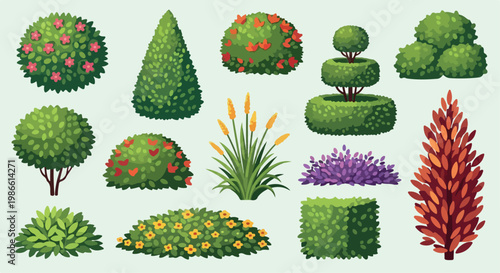 Garden bush and shrub vector set, 13 landscape plants with topiary hedges and flowering bushes, green garden greenery for backyard design