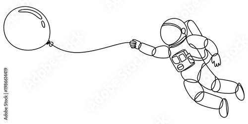 Minimalist line art illustration of an astronaut floating in space and holding a round balloon Vector, illustration
