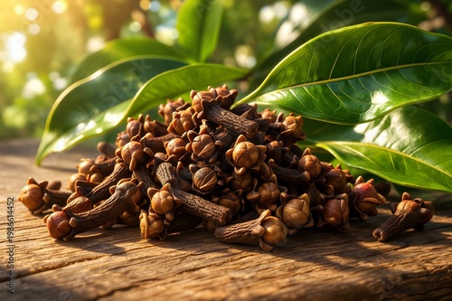 Dried cloves on wooden surface with green leaves, warm sunlight, natural spice concept, rustic composition