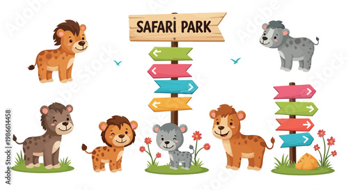 Safari Park cartoon animal collection, cute hyena and lion cub characters with wooden directional signs, jungle wildlife vector set
