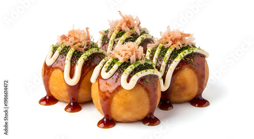 Takoyaki balls with sauce and toppings.