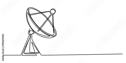 Continuous line drawing of a satellite dish antenna for communication and space research Vector, illustration