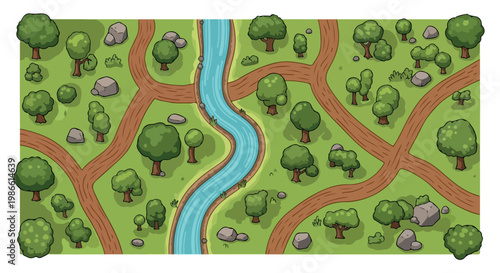 Cartoon forest map vector illustration, top down game level background with river and dirt paths, green woodland landscape with trees and rocks