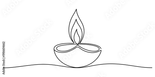 Minimalist one line art of a festive diwali diya lamp with a glowing flame on white background Vector, illustration