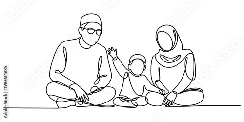 Continuous line drawing of a happy muslim family sitting together on the floor at home Vector, illustration