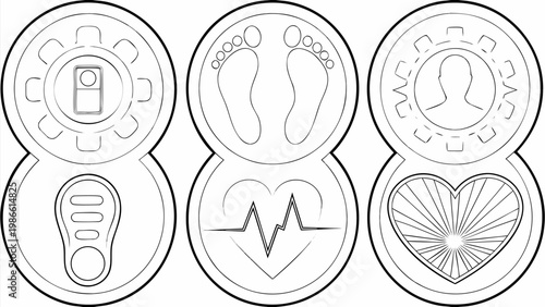 Vector icons of fitness tracker footprints profile heartbeat and sunburst in heart