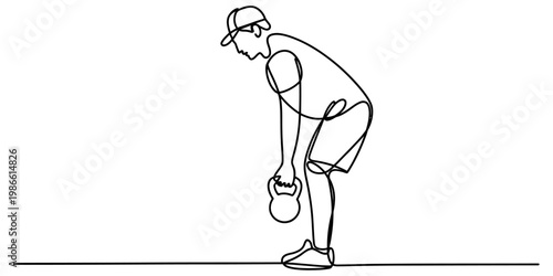 Continuous line drawing of a man wearing a cap performing a kettlebell exercise on a white background Vector, illustration