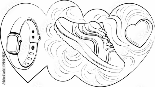 Fitness tracker and sneaker in heart with motion lines symbolizing healthy lifestyle and exercise