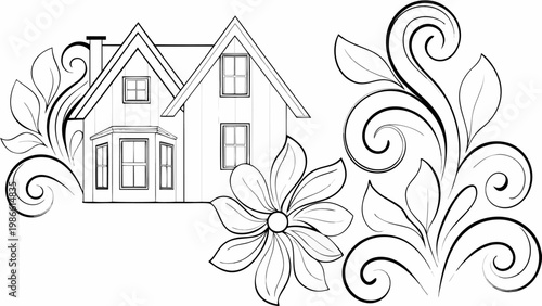 Vector illustration of a house with floral designs and leaves on a white background for home and garden concepts