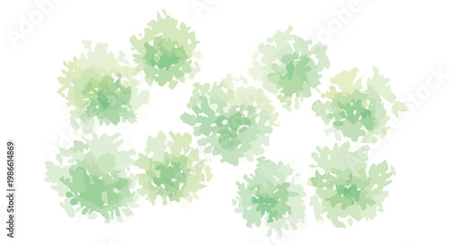 Watercolor green tree top view vector, architectural landscape plan symbols, soft hand painted garden bushes for site mapping and site design