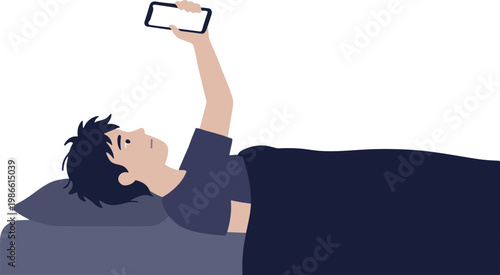 Man lying on bed taking selfie with smartphone in hand