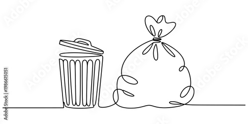 Continuous line drawing of a garbage bin with an open lid and a full trash bag next to it Vector, illustration