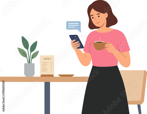 Woman checks phone while sitting at cafe table with coffee