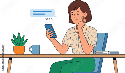 Woman sitting at desk looks concerned while reading message on phone with plant and coffee nearby