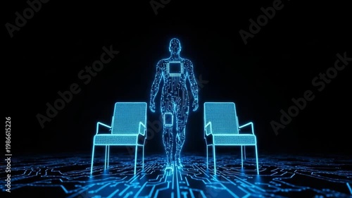 Glowing Humanoid Figure Stands Between Two Chairs Artificial Intelligence In Circuit Board World With Dark Background Its For Ai Tech Concept Use