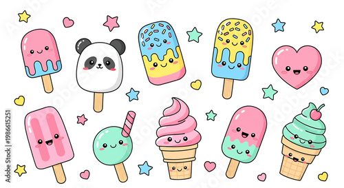 Kawaii popsicle and ice cream illustrations with fun faces and colorful sprinkles