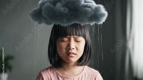 Young Girl Under Rain Cloud Depicting Sadness and Emotional Struggle