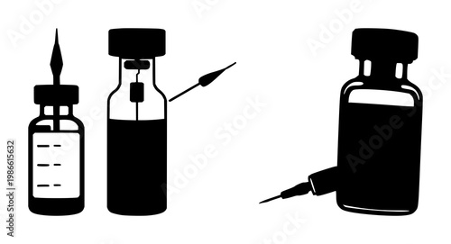 Vaccine vial and needle set with solid black icon on white background featuring biotech, illustrations, vector graphics with glyph and iconography