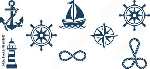 Nautical icons set, blue vector graphics, maritime symbols collection, anchor compass wheel