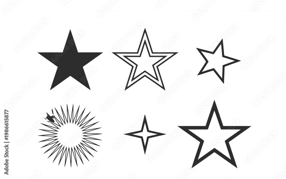 Fototapeta premium Collection of six diverse star shapes, solid and outlined, on white background