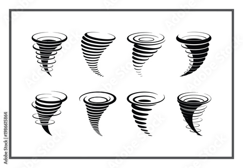 Collection of Eight Stylized Tornado Icons in Black and White