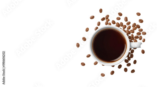 Cup of Coffee with Beans: An overhead view of a coffee cup filled with rich, dark brew is surrounded by scattered coffee beans, perfect for any coffee lover.