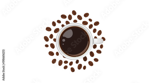 Aromatic Coffee: A top-down view of a freshly brewed cup of coffee surrounded by scattered coffee beans, evoking the warmth and rich essence of the perfect morning brew.