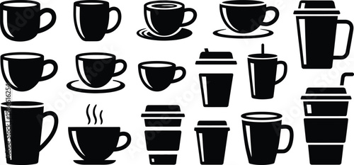 Black coffee cup icons, vector coffee mugs, disposable cups, takeout containers
