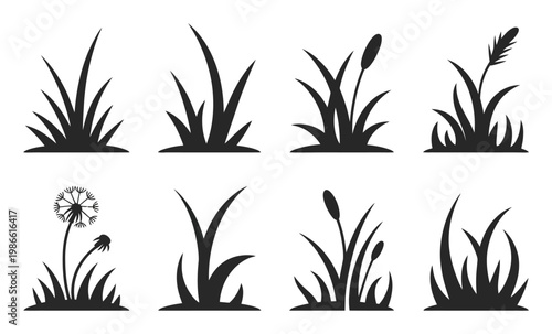 Collection of Black Silhouette Grass and Plant Icons on White Background