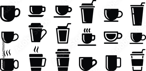 Coffee Cup Icons, Black Silhouette Vector Set, 20 Coffee Cups, Tea Mugs