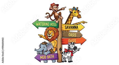 Cartoon safari animals with wooden signpost, cute jungle wildlife characters around directional arrows, savanna zoo theme vector illustration