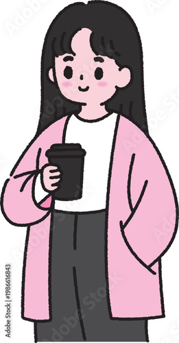 Cute Woman Holding Coffee Cup Cartoon Illustration