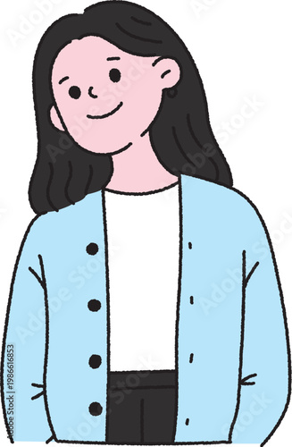 Cute Woman Wearing Blue Cardigan Cartoon Illustration