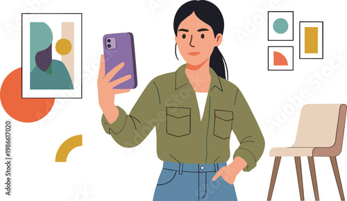 Woman takes selfie with smartphone in modern living room interior