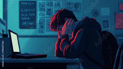 Animated Illustration Teenager Overwhelmed at Laptop Desk in Dark Room with Bright Computer Screen