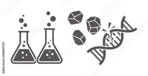 Laboratory flasks with bubbles and geometric shapes impacting broken D N A strand