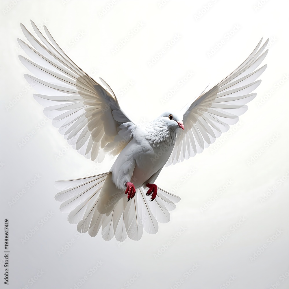 Fototapeta premium A white dove in full flight, wings spread against a gradient white backdrop
