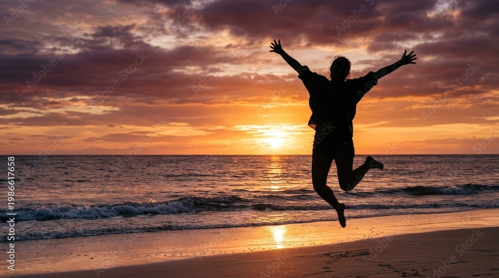 Fototapeta premium A silhouetted person jumps joyfully on a beach at sunset. The person’s arms are outstretched, expressing exhilaration and freedom.