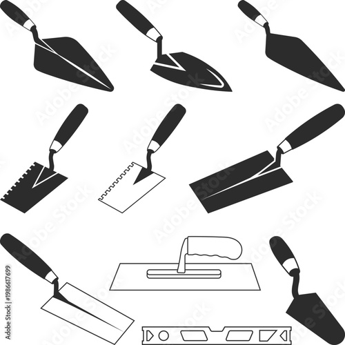 Bricklayer trowel set Silhouette, Trowel and Putty Knife SVG Clipart Bundle, Masonry Hammer, Masonry Trowel Collection