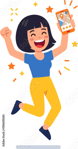 A happy woman jumping up while holding a smartphone with photos and surrounded by colorful stars.